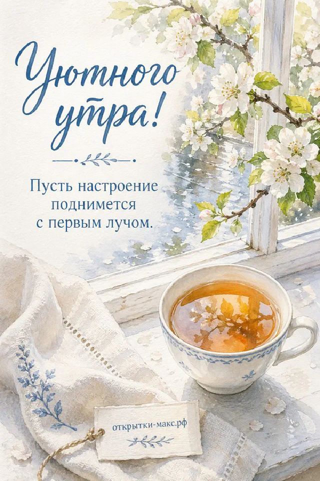 Светлый чайник с растительным рисунком, розовая кружка чая с тиснёным сердцем и имбирное печенье на ажурной салфетке у солнечного зимнего окна — вариант 2