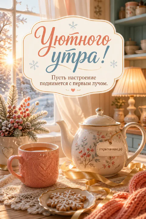 Светлый чайник с растительным рисунком, розовая кружка чая с тиснёным сердцем и имбирное печенье на ажурной салфетке у солнечного зимнего окна