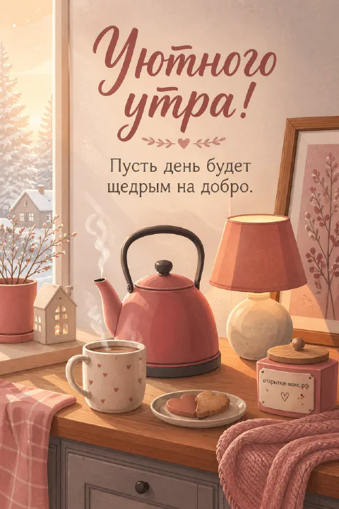 Розовый эмалированный чайник, кружка с чаем и печенье на деревянной стойке у заснеженного окна с домиком вдалеке