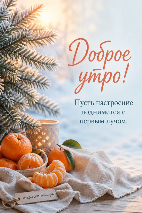 Мандарины у подножия заснеженной ели и белая ажурная свеча на рассвете зимним утром