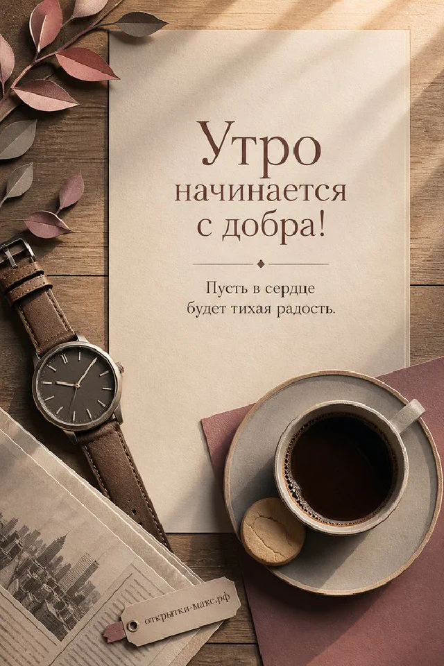 Бумажная открытка с акварельным окном лежит на деревянном подносе рядом с чашкой кофе, круассаном и букетом гипсофилы — вариант 2