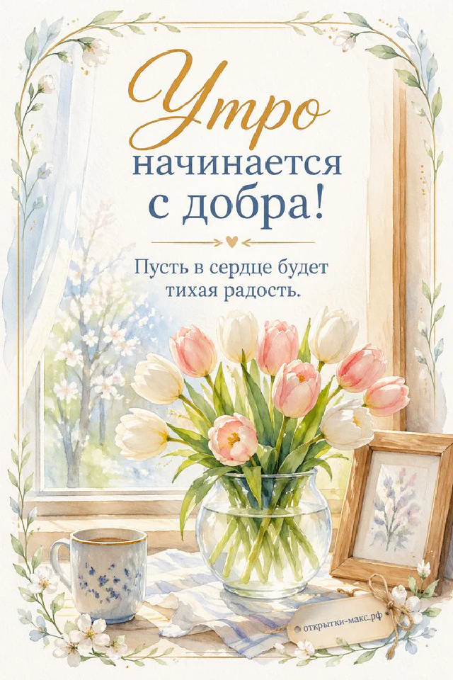 Бумажная открытка с акварельным окном лежит на деревянном подносе рядом с чашкой кофе, круассаном и букетом гипсофилы — вариант 3