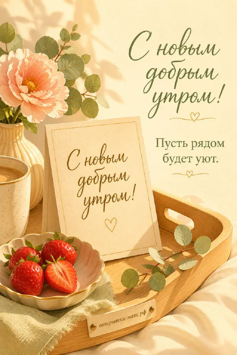Деревянный поднос с клубникой, чашкой кофе и розовым цветком в вазе, открытка «С добрым утром»
