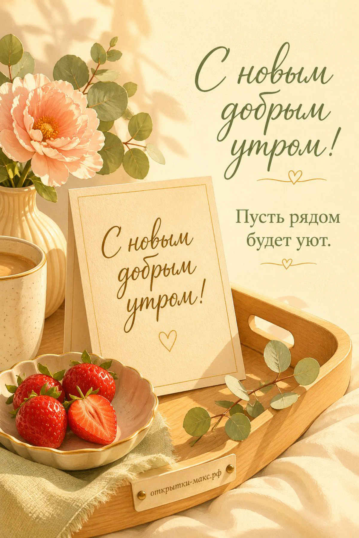 Деревянный поднос с клубникой, чашкой кофе и розовым цветком в вазе, открытка «С добрым утром»