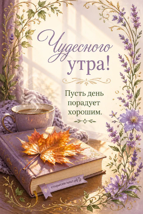 Закрытая книга с оранжевым кленовым листом сверху, чашка чая и сиреневый вязаный плед у окна в окружении полевых цветов