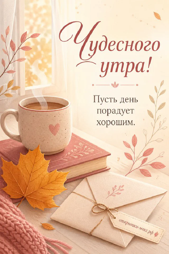 Закрытая книга с оранжевым кленовым листом сверху, чашка чая и сиреневый вязаный плед у окна в окружении полевых цветов — вариант 4
