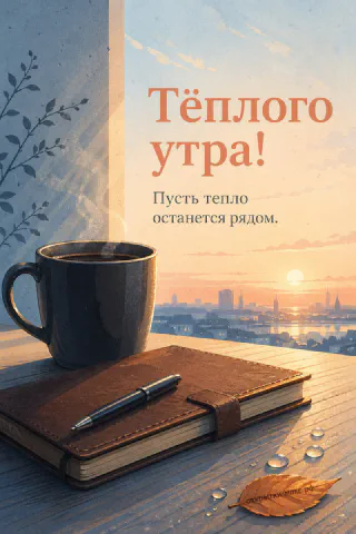 Тёмная кружка кофе и кожаный блокнот с ручкой на деревянном подоконнике, за окном — рассвет над городом