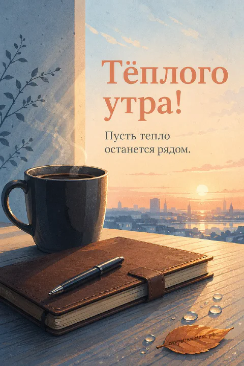 Тёмная кружка кофе и кожаный блокнот с ручкой на деревянном подоконнике, за окном — рассвет над городом