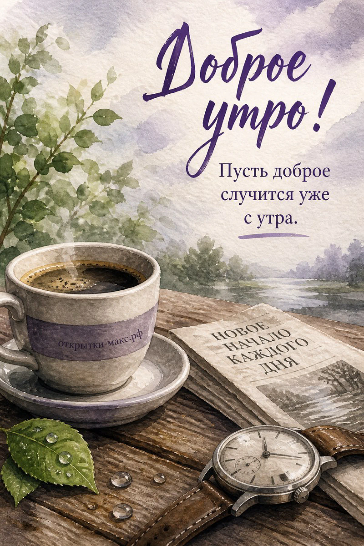Чёрный кофе, карманные часы и книга «Новое начало каждого дня» на деревянном столе у реки в акварельном стиле
