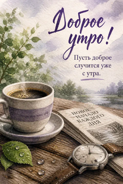 Чёрный кофе, карманные часы и книга «Новое начало каждого дня» на деревянном столе у реки в акварельном стиле
