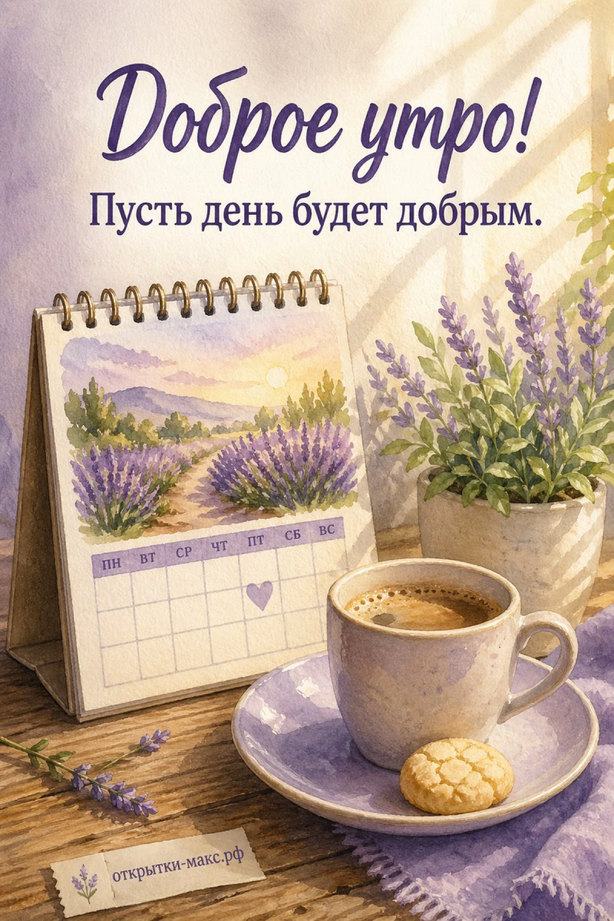 Настольный календарь с лавандовым полем, чашка кофе на блюдце с печеньем и горшок с лавандой на солнечном столе