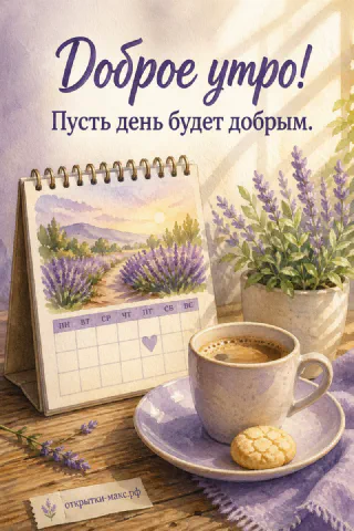 Настольный календарь с лавандовым полем, чашка кофе на блюдце с печеньем и горшок с лавандой на солнечном столе