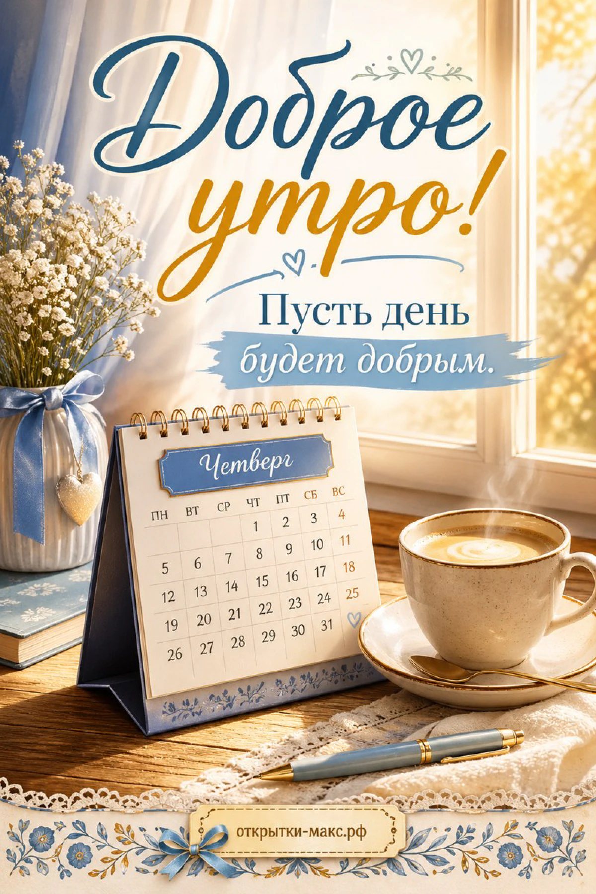 Настольный календарь на четверг, чашка кофе с пенкой и белые полевые цветы на деревянном подоконнике
