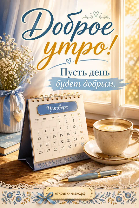 Настольный календарь на четверг, чашка кофе с пенкой и белые полевые цветы на деревянном подоконнике