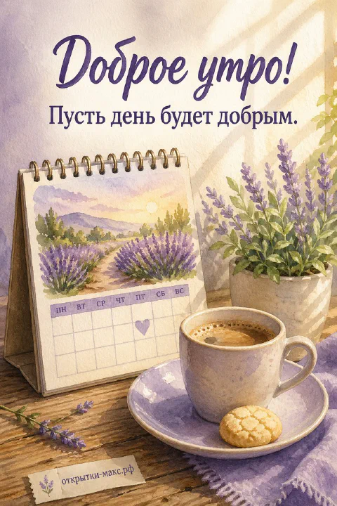 Настольный календарь с лавандовым полем, чашка кофе на блюдце с печеньем и горшок с лавандой на солнечном столе