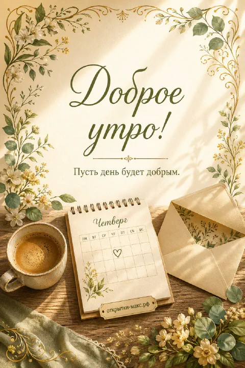 Чашка кофе, конверт и настольный календарь на четверг в ботанической рамке из листьев