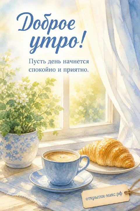 Акварельная открытка «Доброе утро» с чашкой кофе, круассаном и цветами на подоконнике