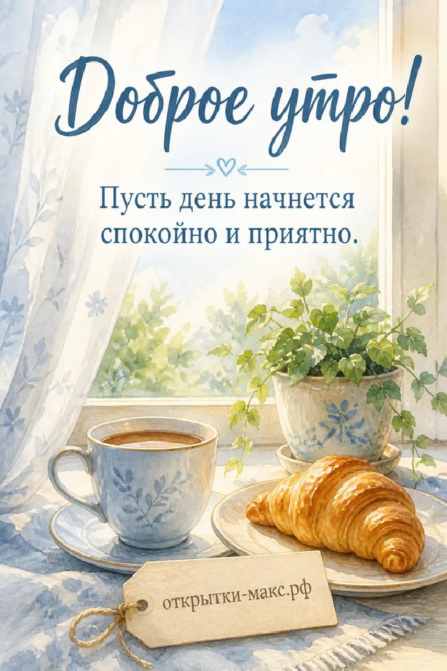 Акварельная открытка «Доброе утро» с чашкой кофе, круассаном и цветами на подоконнике — вариант 3
