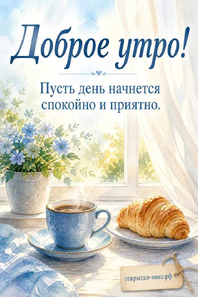 Акварельная открытка «Доброе утро» с чашкой кофе, круассаном и цветами на подоконнике — вариант 5