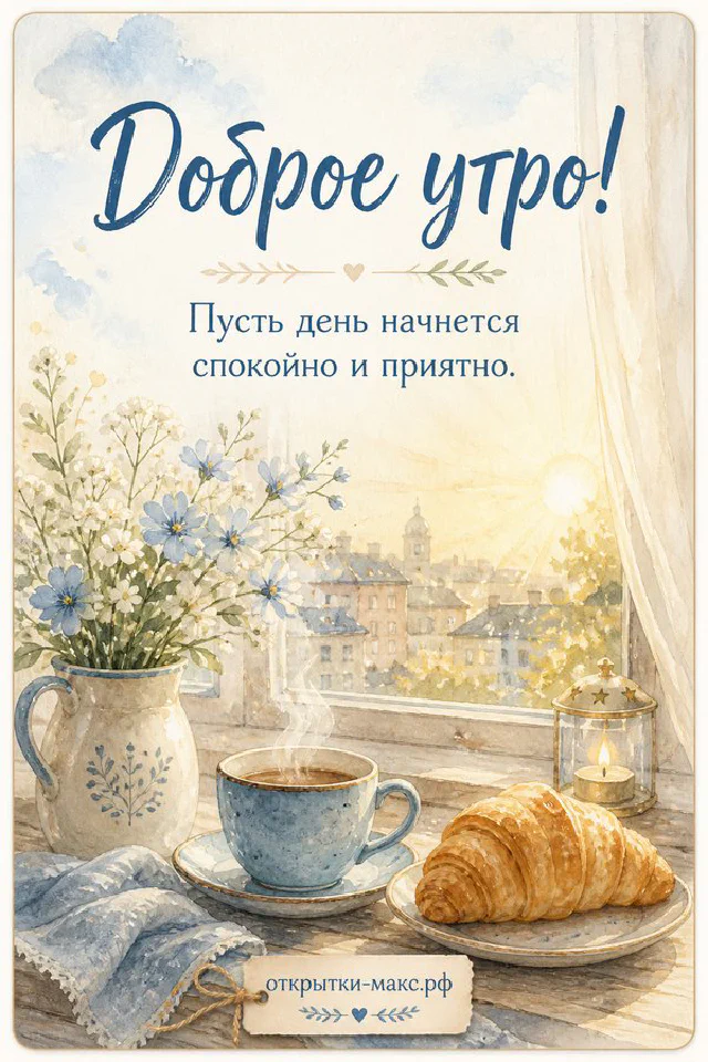 Акварельная открытка «Доброе утро» с чашкой кофе, круассаном и цветами на подоконнике — вариант 8