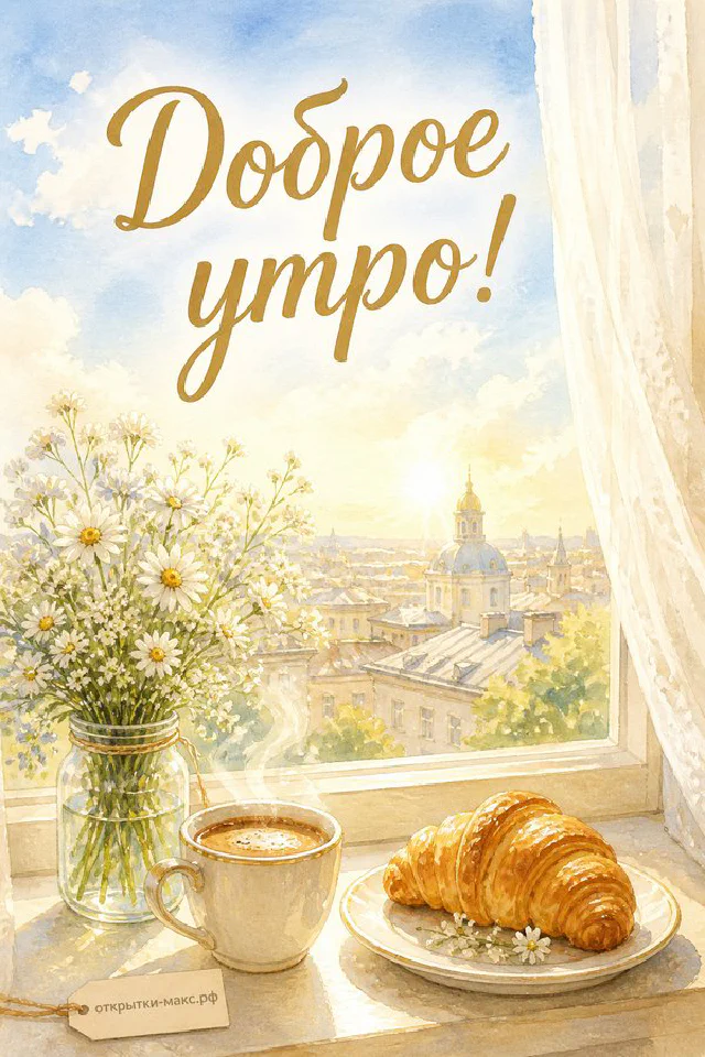 Акварельный натюрморт у окна: чашка кофе, круассан, ваза с гипсофилами и вид на солнечный город с надписью «Доброе утро» — вариант 3