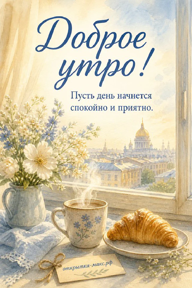 Акварельная открытка «Доброе утро» с чашкой кофе, круассаном и цветами на подоконнике — вариант 2