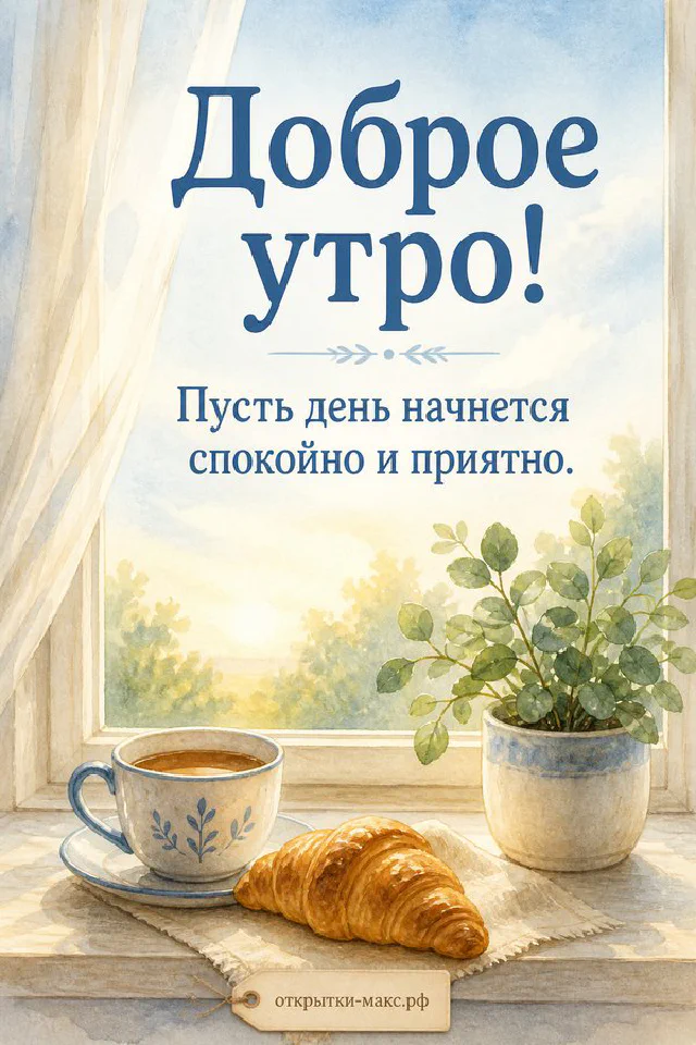 Акварельная открытка «Доброе утро» с чашкой кофе, круассаном и цветами на подоконнике — вариант 4