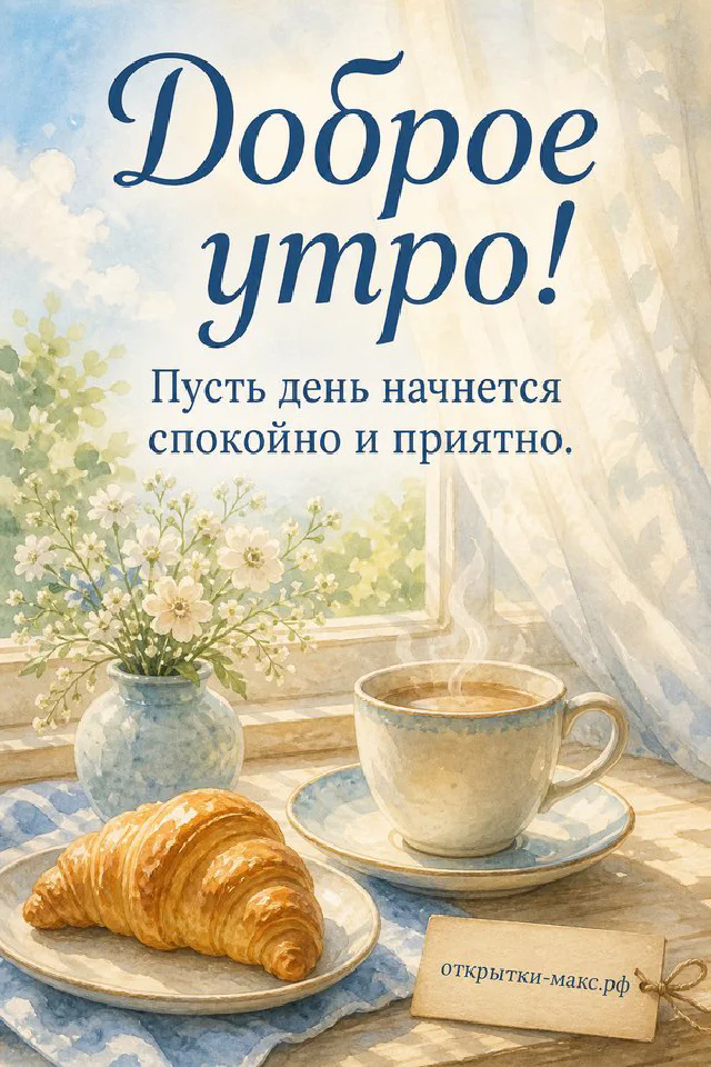 Акварельная открытка «Доброе утро» с чашкой кофе, круассаном и цветами на подоконнике — вариант 6