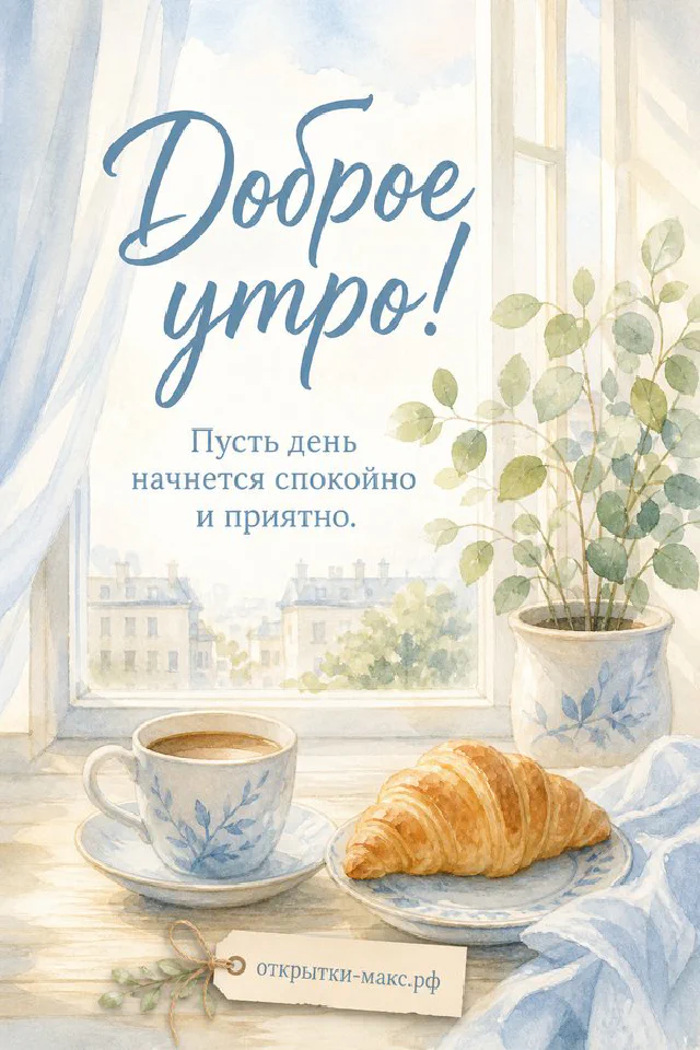 Акварельная открытка «Доброе утро» с чашкой кофе, круассаном и цветами на подоконнике — вариант 7