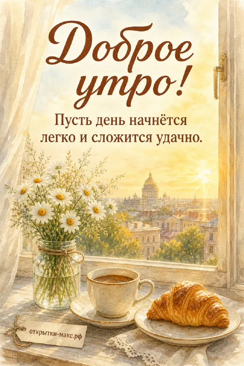 Чашка кофе и круассан на подносе с ромашками в банке у окна с видом на городские крыши и купола на рассвете