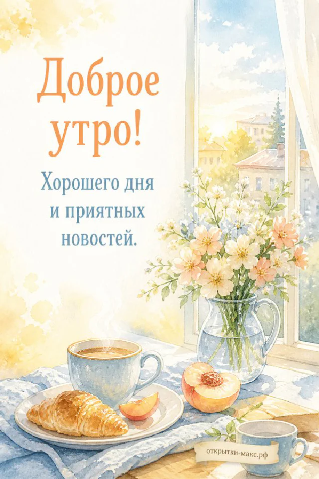 Круассан и чашка кофе с ромашками в банке на подоконнике с видом на городские крыши на рассвете — вариант 2