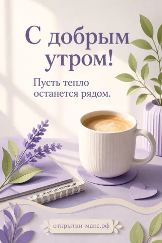 Белая чашка кофе с латте-артом, веточки лаванды и блокнот на сиреневом фоне с надписью С добрым утром