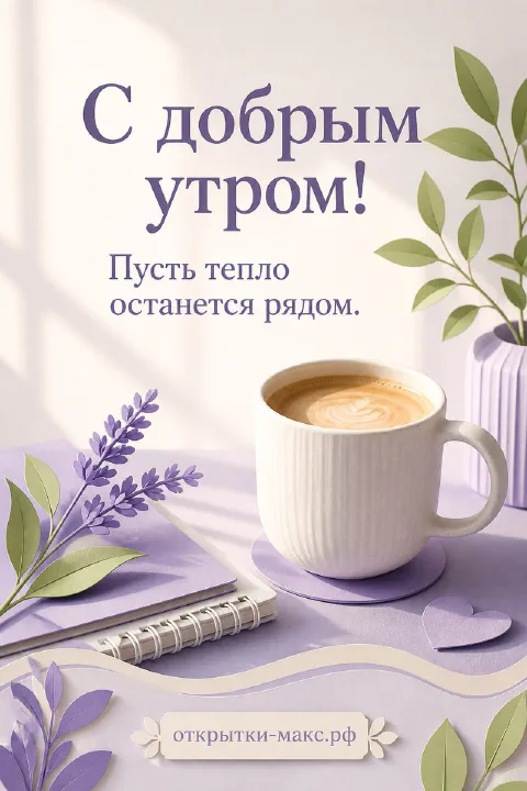 Белая чашка кофе с латте-артом, веточки лаванды и блокнот на сиреневом фоне с надписью С добрым утром
