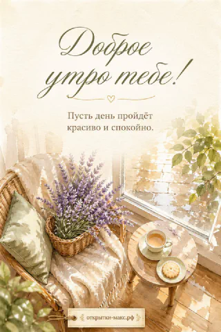 Плетёное кресло с корзиной лаванды и чашкой кофе на солнечном балконе, надпись «Доброе утро тебе!»