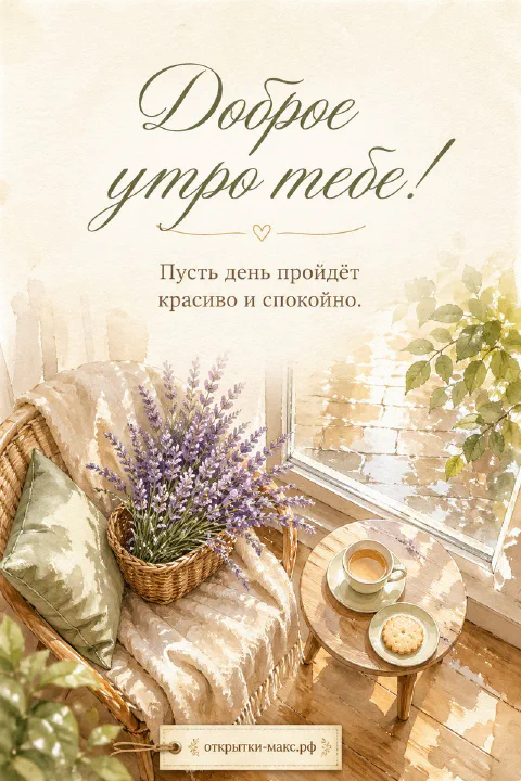 Плетёное кресло с корзиной лаванды и чашкой кофе на солнечном балконе, надпись «Доброе утро тебе!»