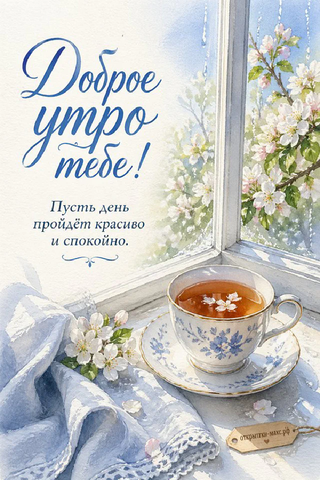 Плетёное кресло с корзиной лаванды и чашкой кофе на солнечном балконе, надпись «Доброе утро тебе!» — вариант 2
