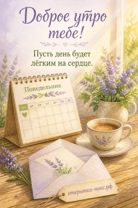 Акварельная открытка с кофе, конвертом с лавандой и настольным календарём, открытым на понедельнике