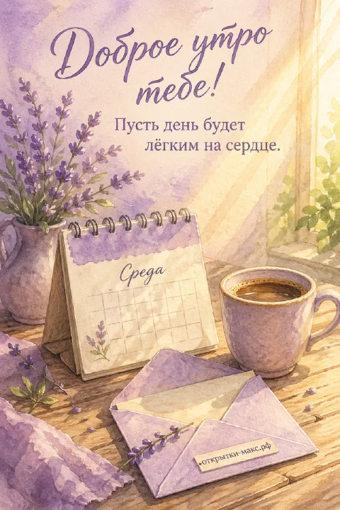 Акварельная открытка с кофе, лавандовым конвертом и настольным календарём, открытым на среде
