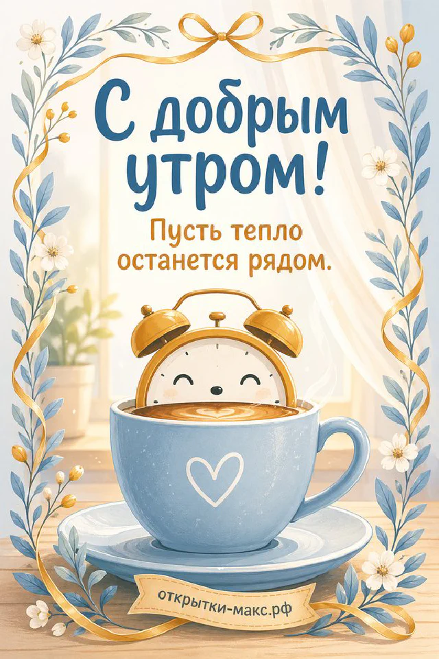 Белая чашка кофе с латте-артом, веточки лаванды и блокнот на сиреневом фоне с надписью С добрым утром — вариант 2
