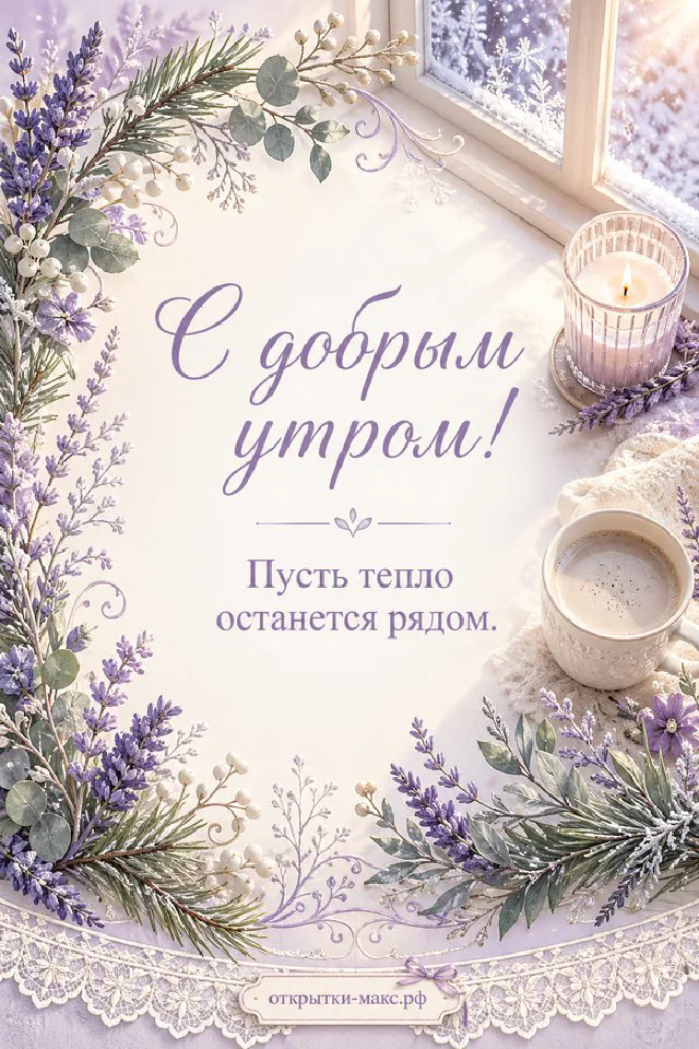 Белая чашка кофе с латте-артом, веточки лаванды и блокнот на сиреневом фоне с надписью С добрым утром — вариант 3