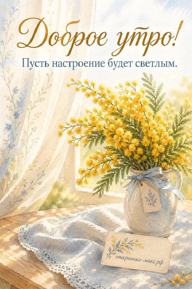 Чашка кофе с домашним печеньем на тёплом столе, надпись «Доброе утро» — вариант 2