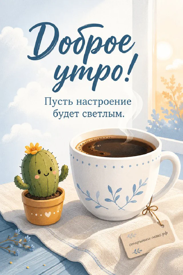Чашка кофе с домашним печеньем на тёплом столе, надпись «Доброе утро» — вариант 3