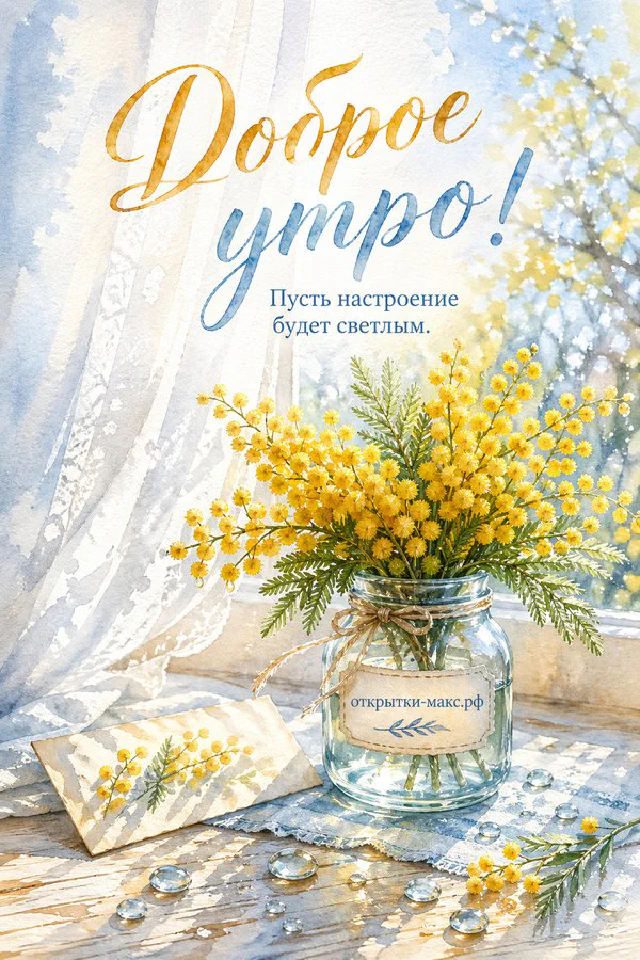 Чашка кофе с домашним печеньем на тёплом столе, надпись «Доброе утро» — вариант 4