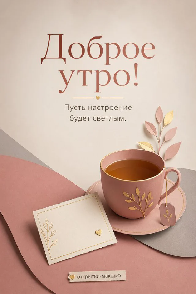 Чашка кофе с домашним печеньем на тёплом столе, надпись «Доброе утро» — вариант 5