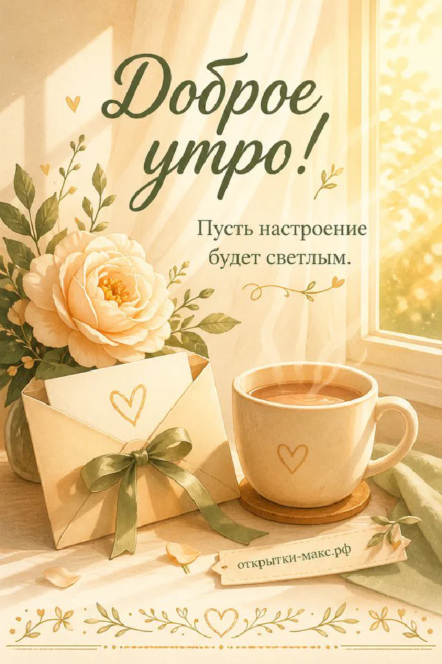 Чашка кофе с домашним печеньем на тёплом столе, надпись «Доброе утро» — вариант 6