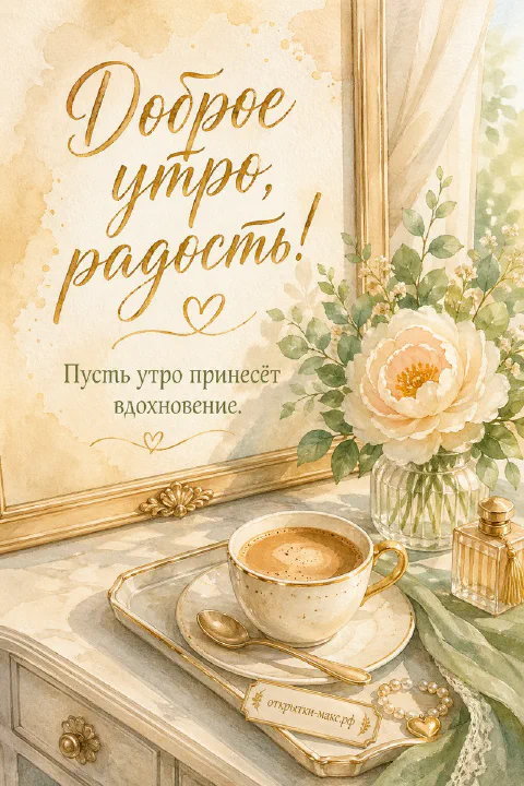 Чашка кофе на золотом подносе и белый пион в вазе у старинного зеркала в акварельном стиле
