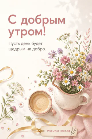 Открытка с добрым утром: чашка кофе и высокий букет полевых цветов на розовом фоне с золотой лентой
