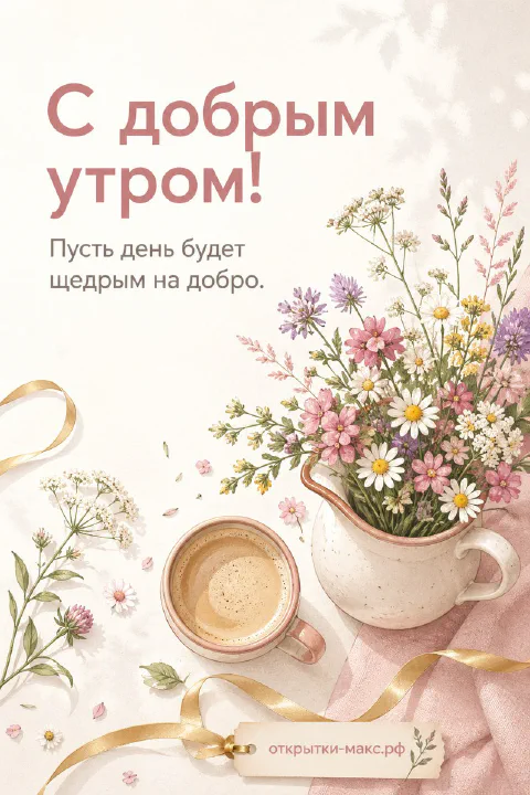 Открытка с добрым утром: чашка кофе и высокий букет полевых цветов на розовом фоне с золотой лентой
