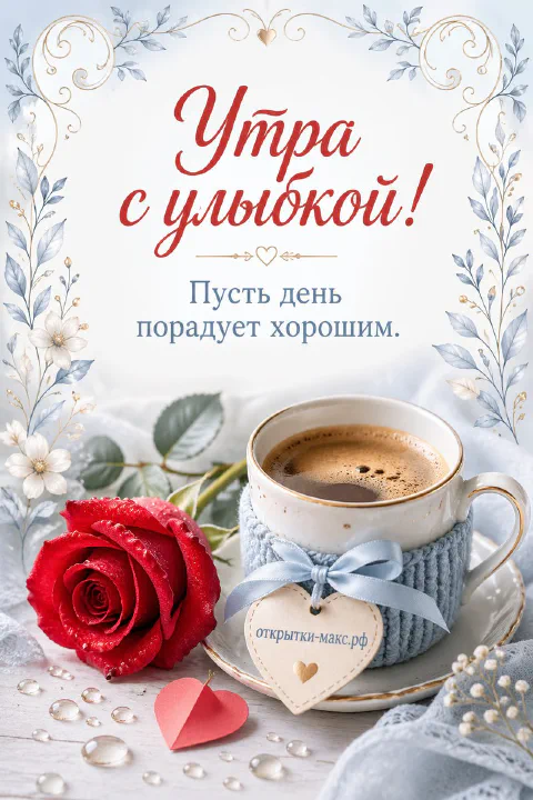 Чашка кофе в голубой вязаной грелке, красная роза в каплях росы и бумажное сердечко-бирка на белом столе