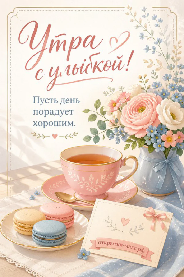 Чашка кофе в голубой вязаной грелке, красная роза в каплях росы и бумажное сердечко-бирка на белом столе — вариант 3